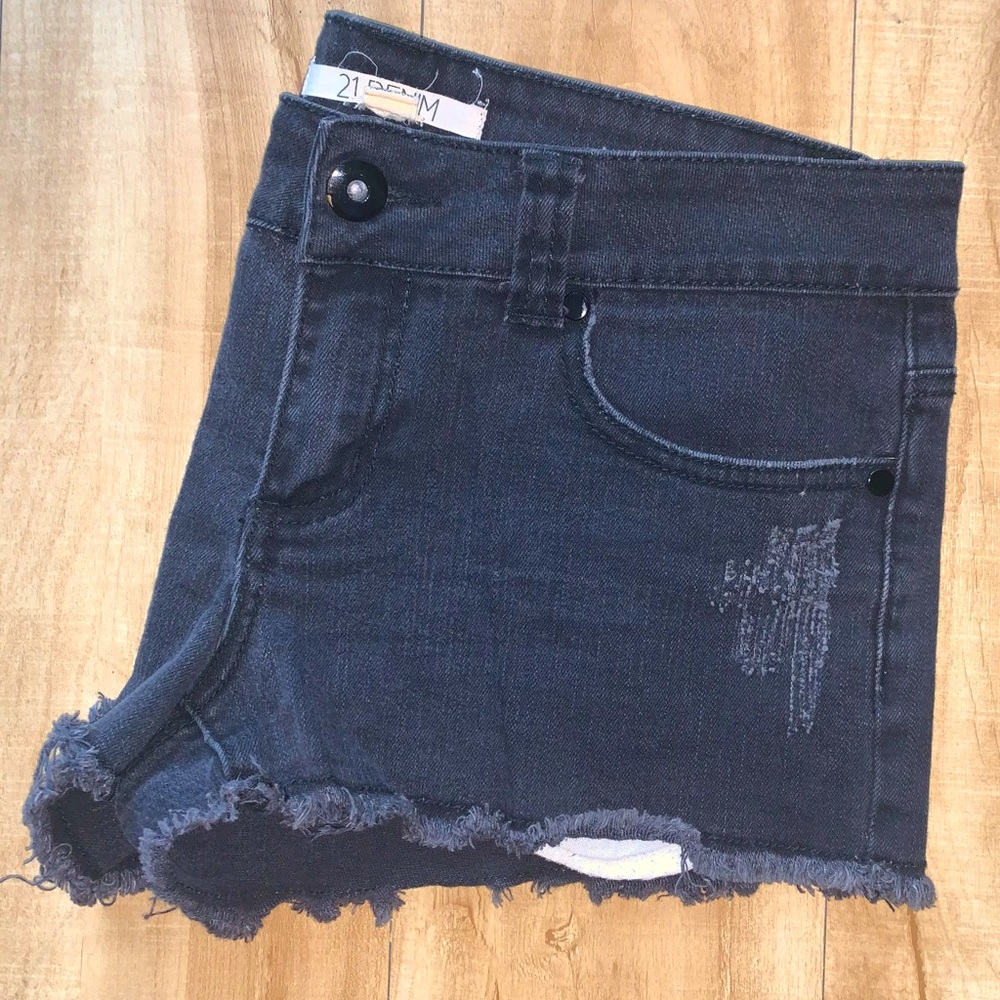 Black denim frayed shorts